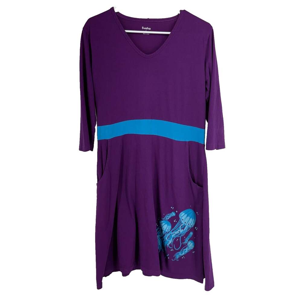 Svaha USA Women L A Line Dress Twirl Purple Jellyfish Novelty V Neck Pockets